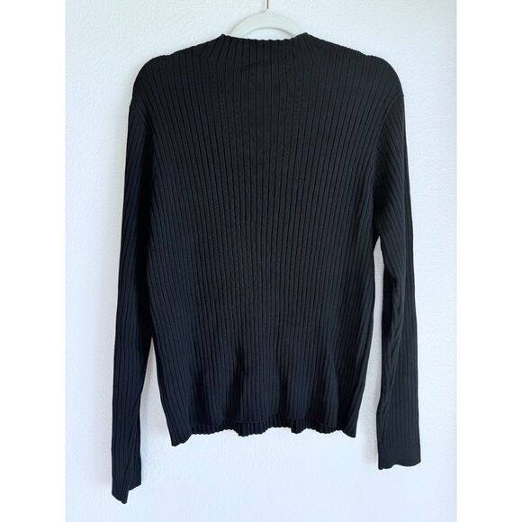 St John Women's Black Knit Ribbed Mock Neck Long Sleeve Top with Button Shoulder - Picture 3 of 8